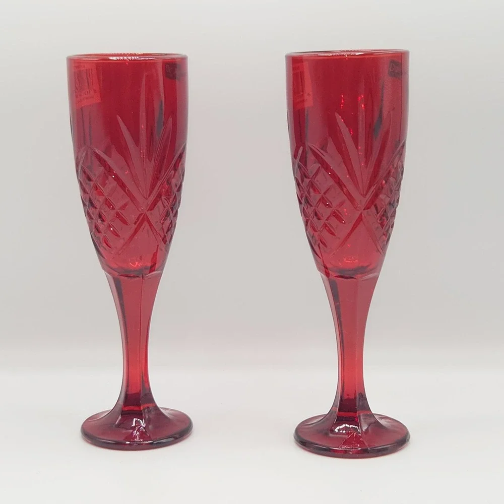 Dublin Set of 2 Ruby Red Crystal Flute 6oz For Champagne Prosecco Sparkling Wine